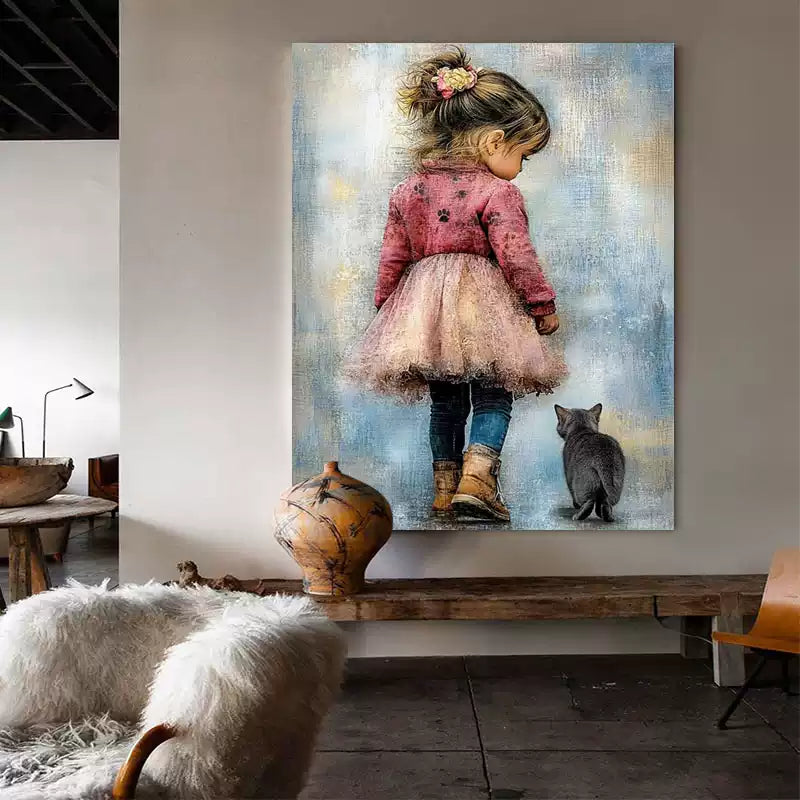 Little girl and cat Artist hand-painted modern figure abstract floor painting
