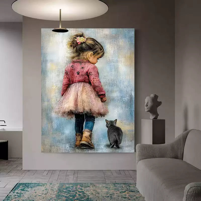 Little girl and cat Artist hand-painted modern figure abstract floor painting