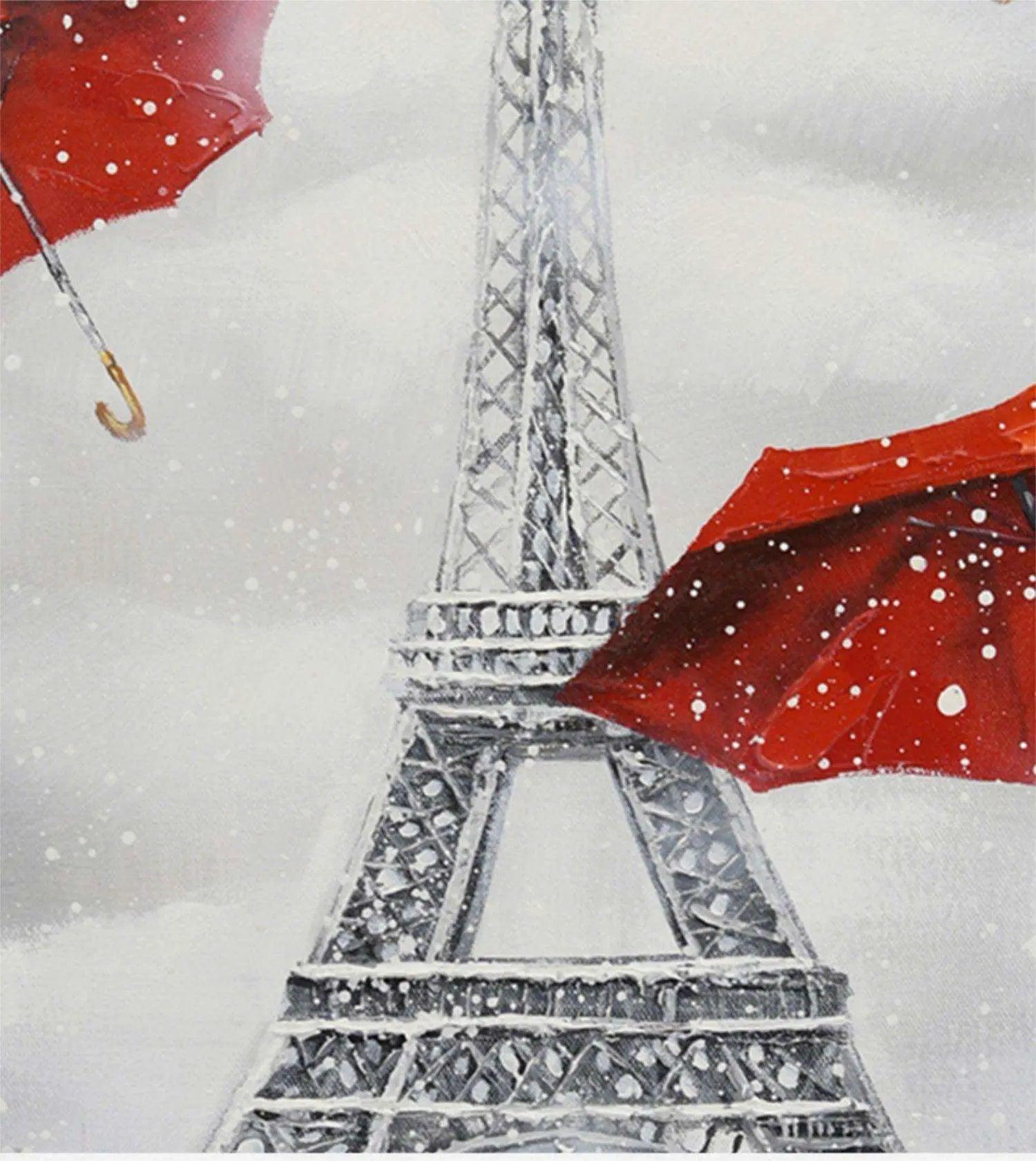 Red umbrellas under the Eiffel Tower