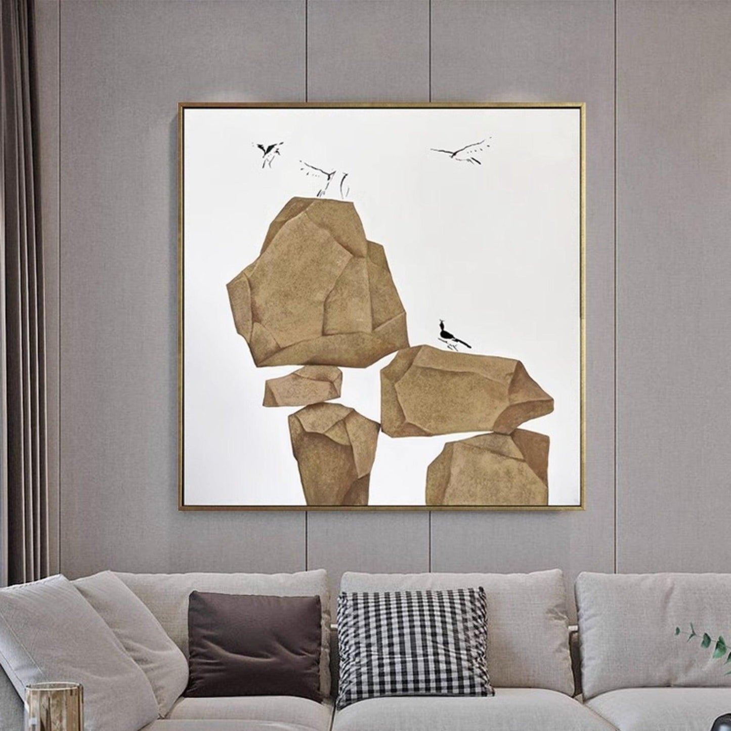 Stones and birds on canvas Custom Painting, Abstract Art Free Shipping LeYiGallery